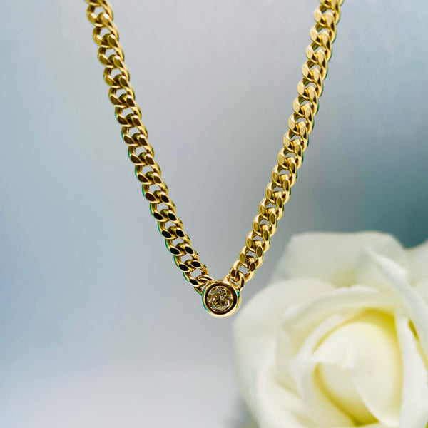 14K Gold Cuban Link Necklace w/ Bezel Setting Diamond 1 Diamond / 17