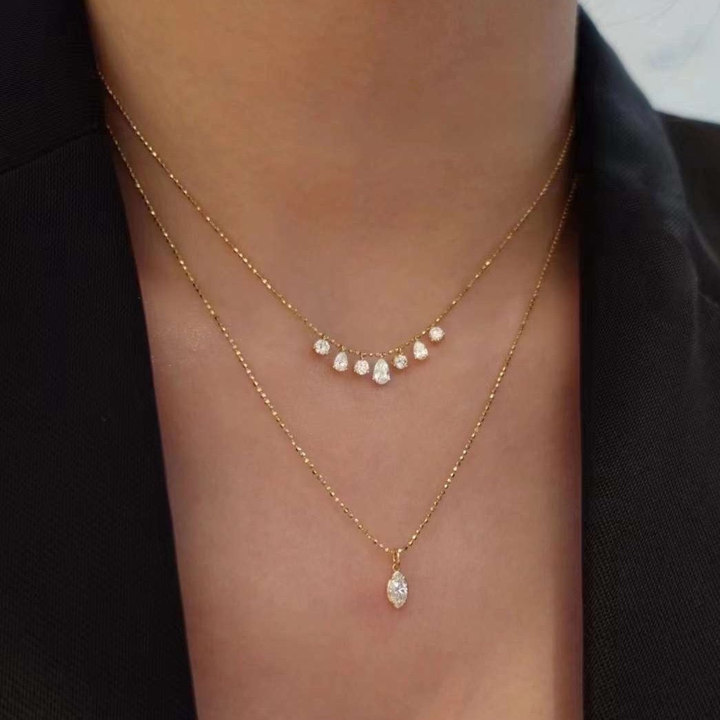 Round and Pear Shaped Diamond Droplet Necklace