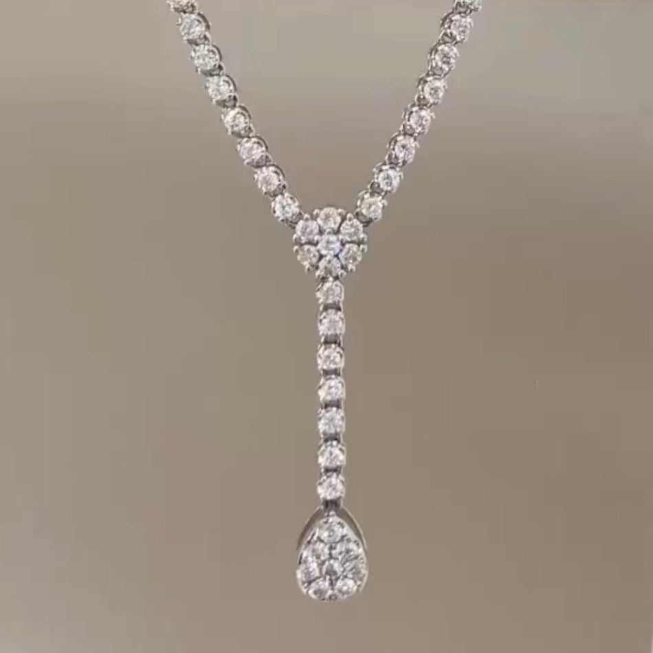 Diamond Tennis Necklace Pear Shaped Pendant in 18k White Gold