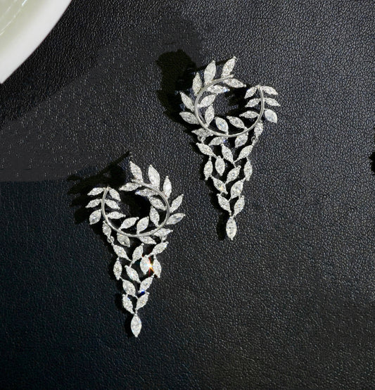 3 Carat Nature Inspired Leaf Drop Diamond Earrings in 18k White Gold