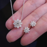 Round Diamond Sunflower Pendant Necklace and Earrings in 18k White Gold