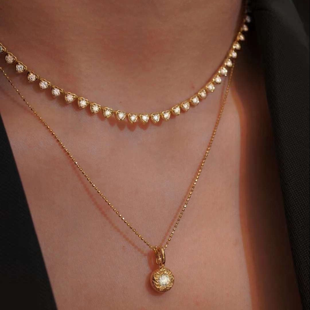 Heart Diamond Tennis Necklace in 18k Yellow Gold