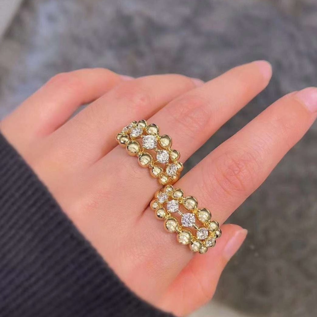 Wide Bold Beaded Diamond Ring in 18k Yellow Gold