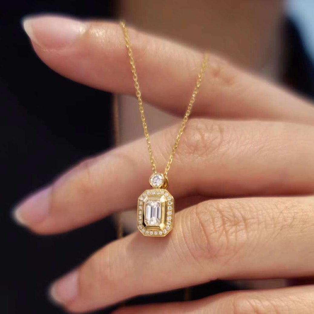 Emerald Cut Diamond Halo Pendant Necklace in 18k Yellow Gold