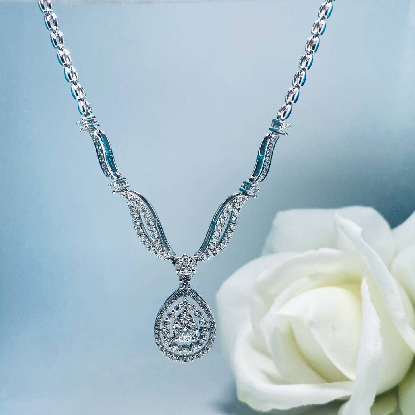 Pear Shaped Diamond Necklace in 18k White Gold